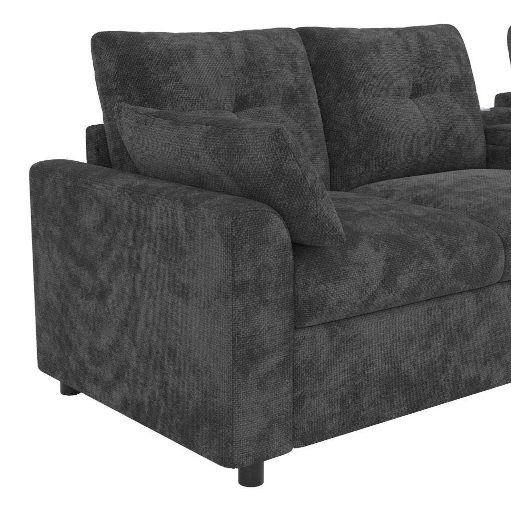 Divano angolare modulare 6 posti in chenille grigio con console centrale; USB e Type-C