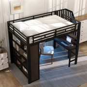 OKWISH Letto a soppalco 140×200 cm, Letto Matrimoniale con Scrivania, Mensole, LED Regolabile e Scale con Contenitore, senza Materasso, Nero
