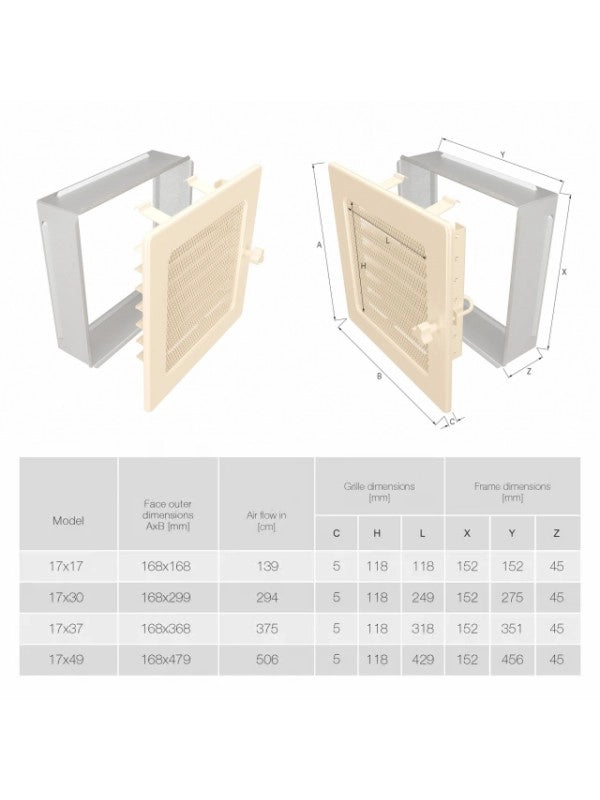 Griglia di ventilazione per camino 17x17  crema con tapparelle avvolgibili