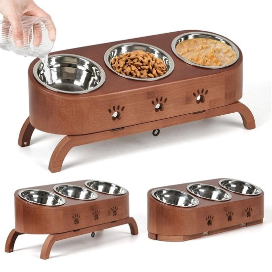 Ciotola per Gatti Elevabile - Posizione Alimentare Ergonomica - Regolabile in Altezza - Ciotola in Legno - Piatti in Acciaio Inossidabile Ø12cm - Posizione di Alimentazione Salutare - Ciotola per Gatti