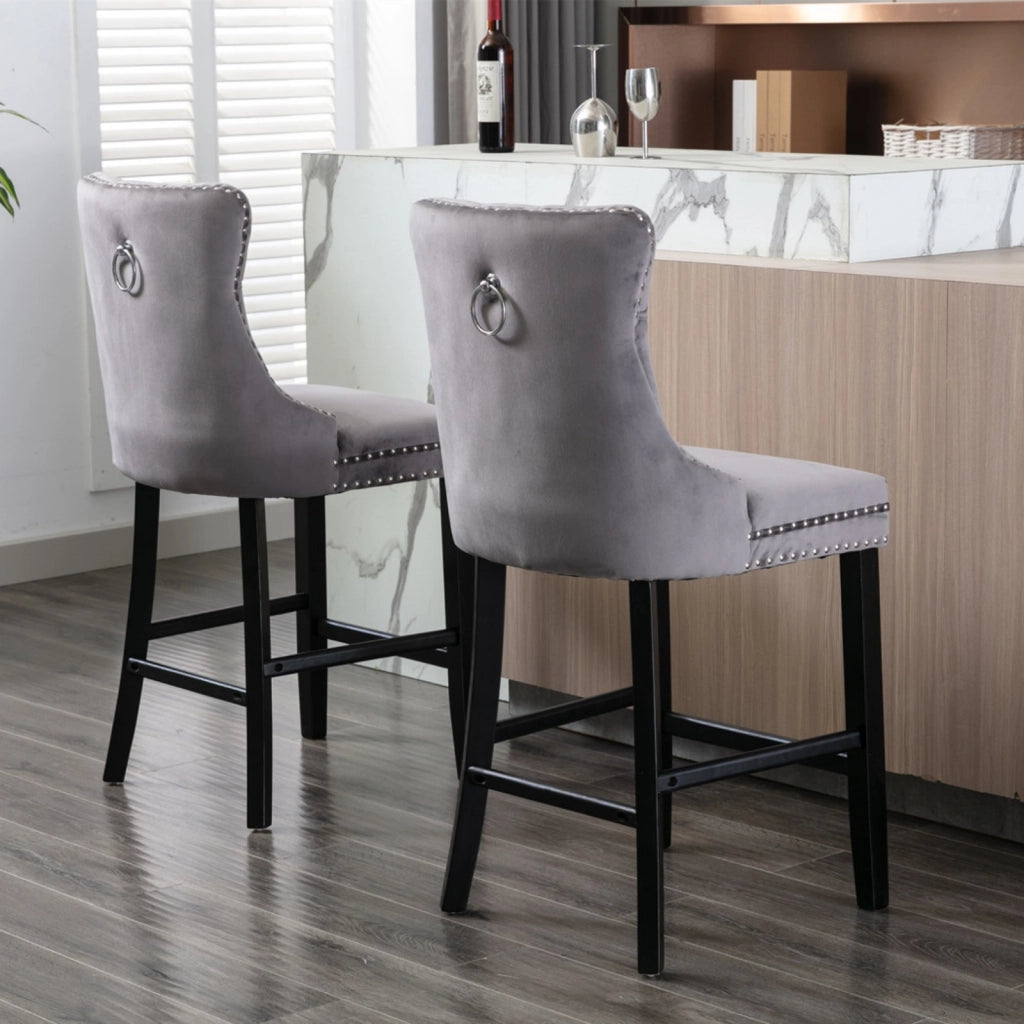 Sgabelli da bar contemporanei imbottiti in velluto con decorazione capitonn¨¦, gambe in legno e finiture con borchie cromate, stile casual, set da 2 (g