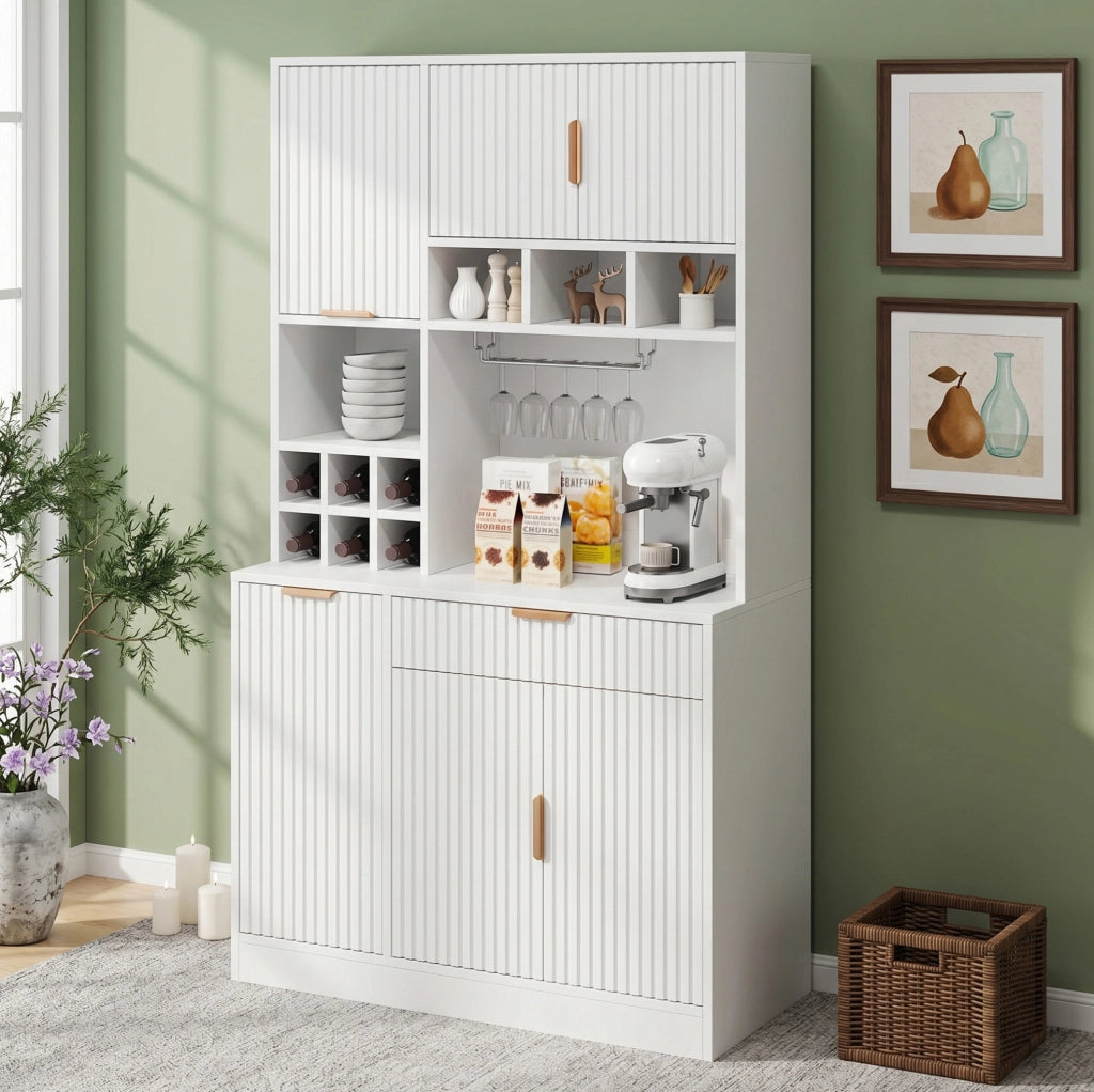 Credenza alta da cucina con ripiani regolabili e porta bottiglie 100x40x175 cm; bianco