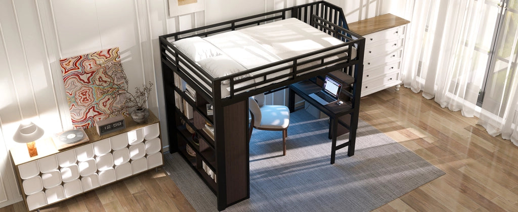 DESMIU Letto a soppalco matrimoniale con scrivania, mensole, gradini contenitore e LED regolabile 140 × 200 cm, senza materasso