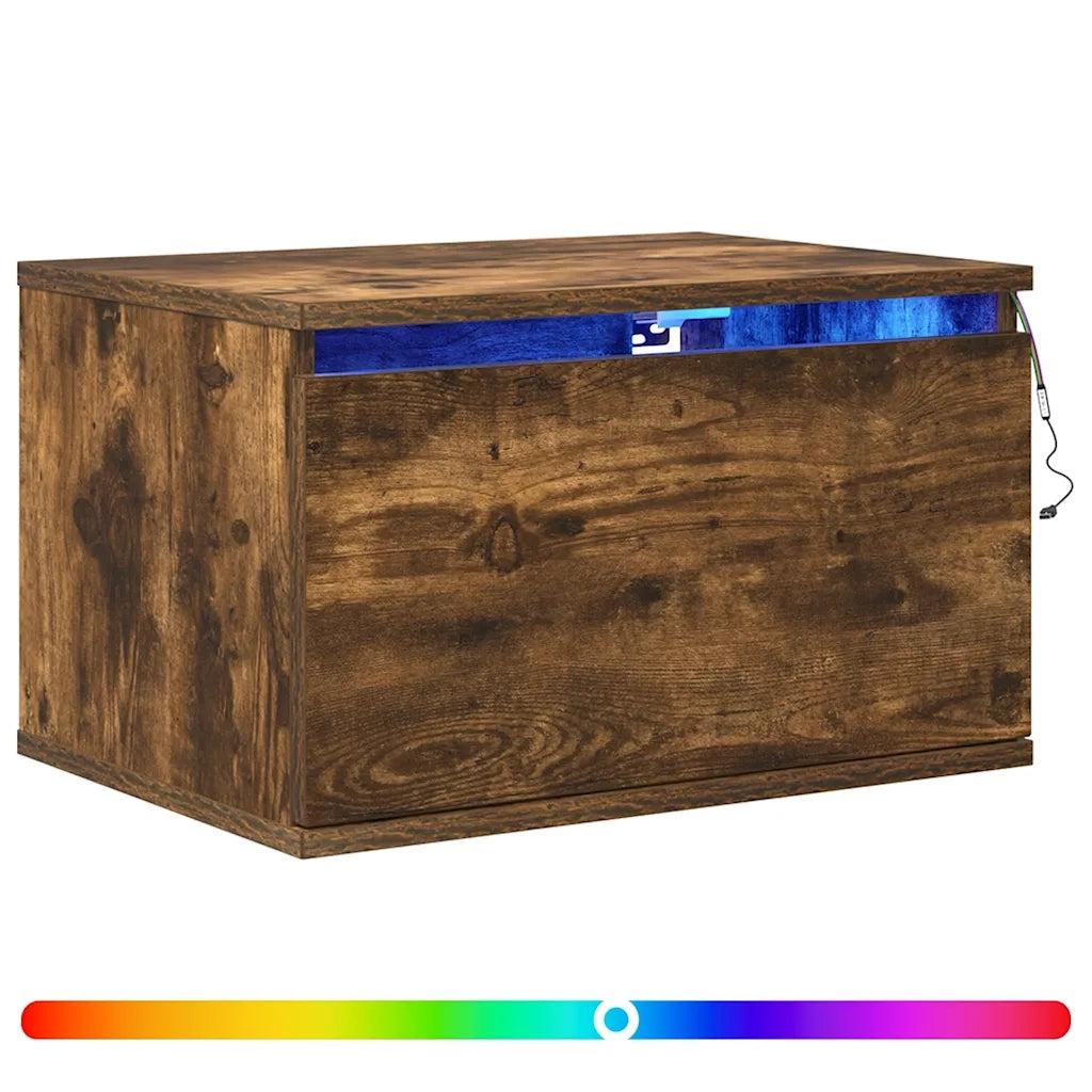 Set di 2 Comodini | Armadio da Notte | Mobiletto da notte a Parete con luci LED Rovere Fumo
