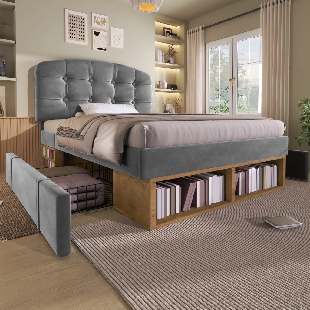 Letto Singolo Imbottito con Cassetti ¨C MINIMAL ¨C Velluto Grigio, 90x200, Testiera Regolabile