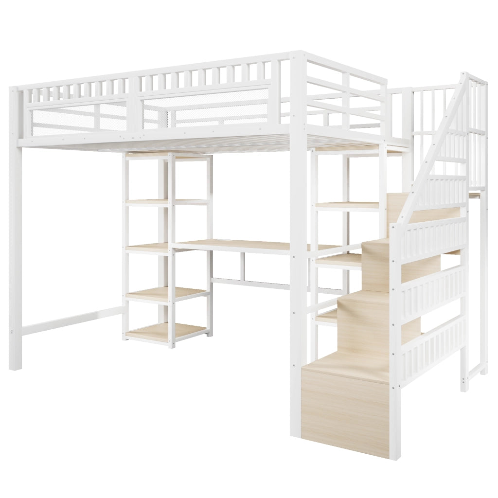 OKWISH Letto a Soppalco 140×200 cm, Letto Matrimoniale con Mensole, Scala Contenitore, Scrivania, LED e USB, senza Materasso, Bianco