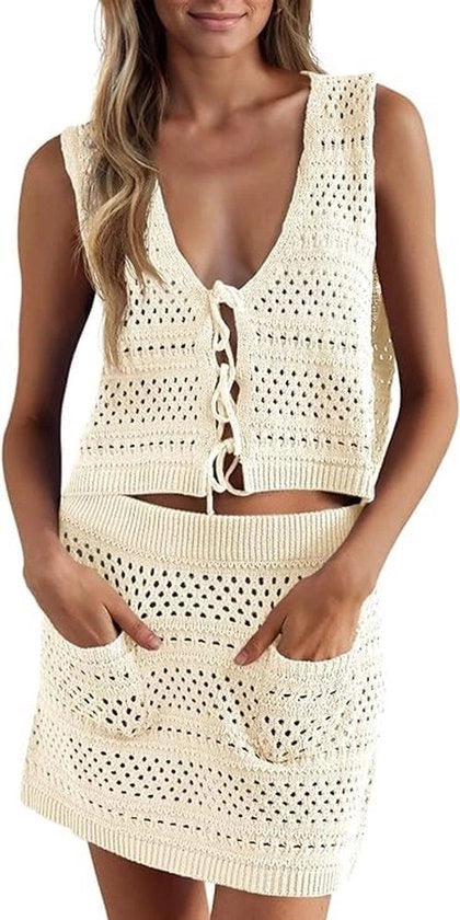 Set di costumi da bagno a due pezzi con cardigan - Top sexy con collo V - Bikini con gonna alta - Ideale per spiaggia e piscina - Abito da spiaggia