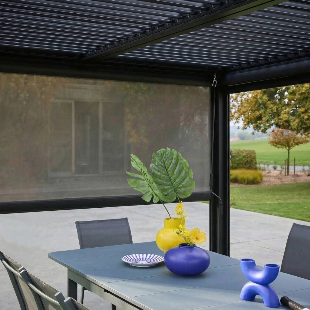 Pergola bioclimatica 3x4m in alluminio e acciaio + 1 tenda 3m + 1