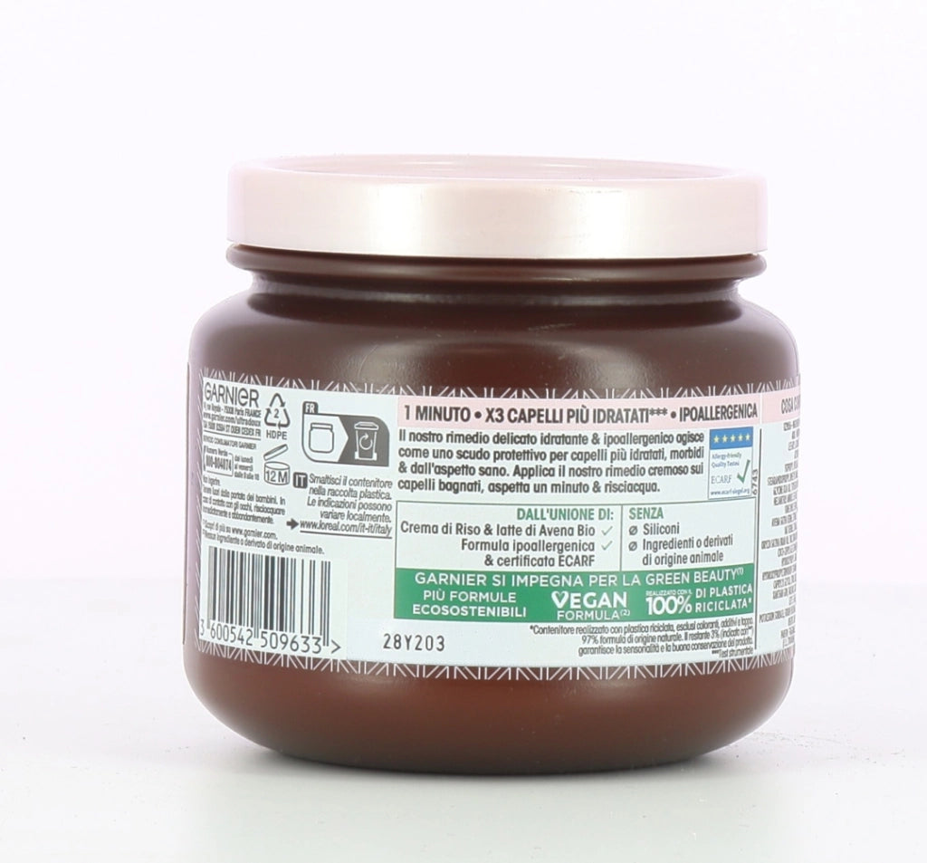 GARNIER ULTRA DOLCE 3 MASCHERE IDRATANTE PER CAPELLI DELICATI E CUTE SENSIBILE CON CREMA DI RISO E LATTE DI AVENA 340 ML