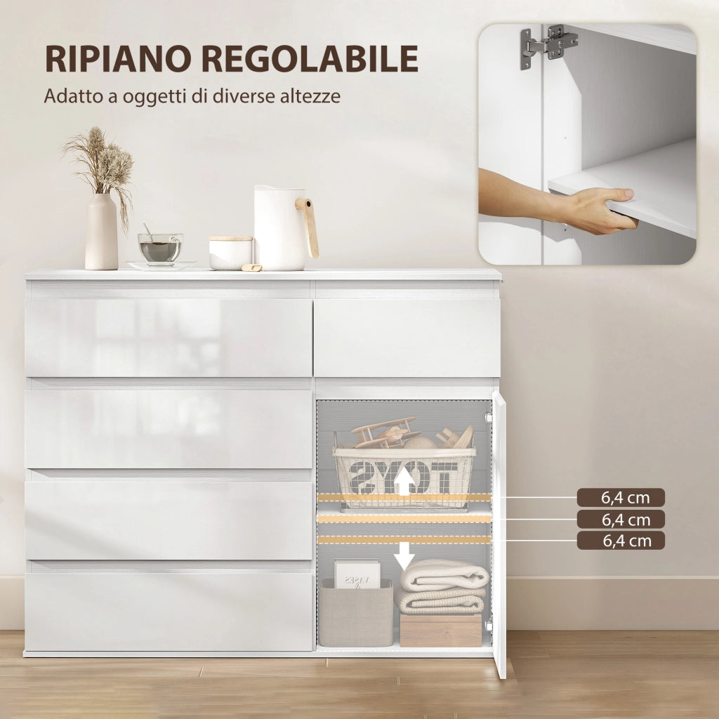 Credenza Mobile Basso 100x40x80 cm con 5 Cassetti Ripiano Regolabile in MDF Bianco Lucido