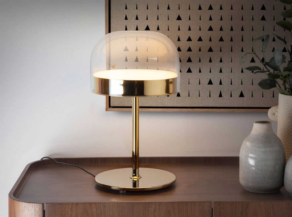 Lampada da tavolo in acciaio e vetro trasparente