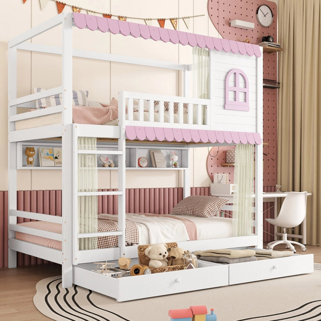 DESMIU Letto a castello bambino 90 × 200 cm 2 posti con finestre, tende, 2 cassetti, ripiani, senza materasso, bianco e rosa