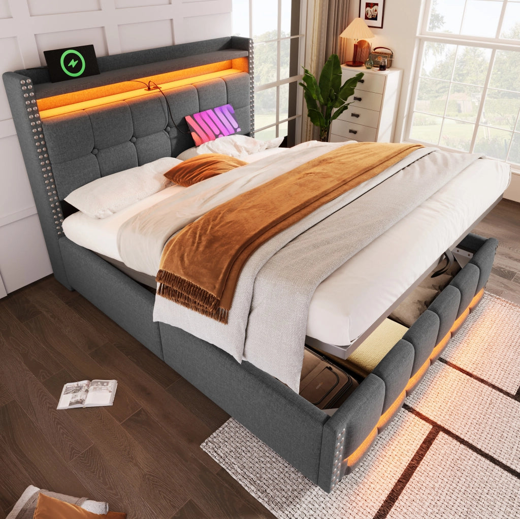 Letto imbottito 160x200 cm con LED, USB e vano contenitore