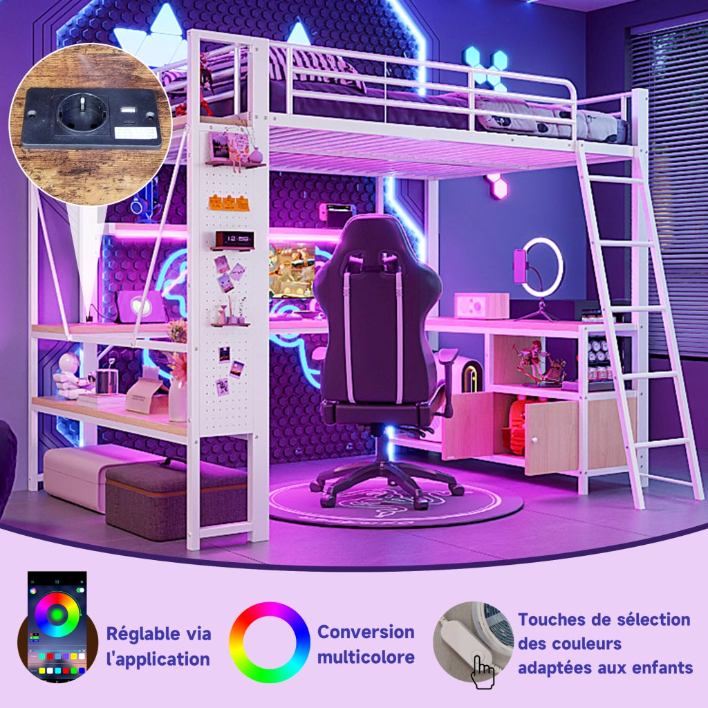 DESMIU Letto a soppalco singolo con scrivania, LED regolabile, USB e vani 90 × 200 cm, senza materasso