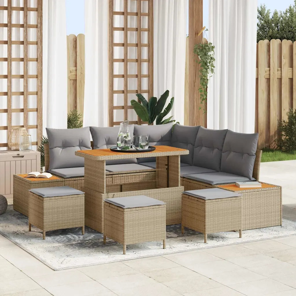Set Divano da Giardino con cuscino 9 pcs Beige Poly Rattan