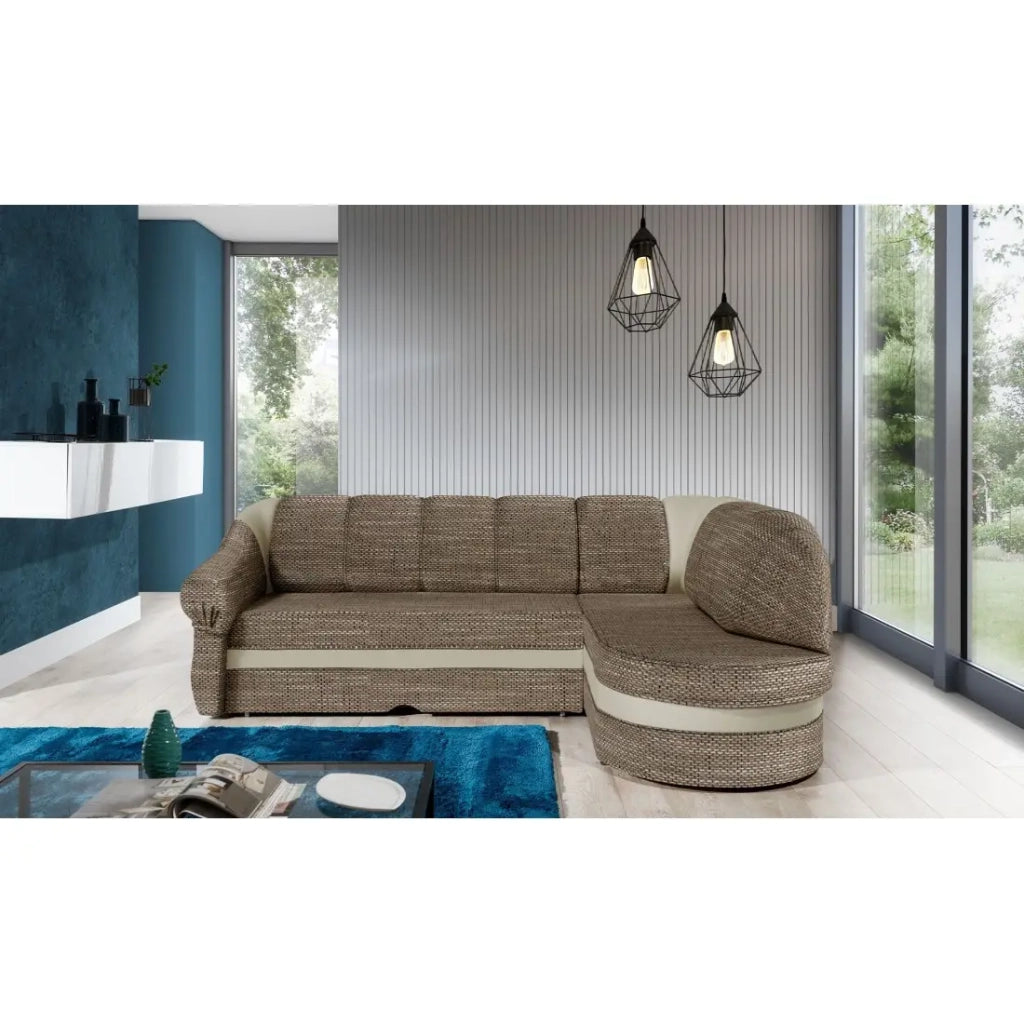 Divano ad angolo destro convertibile BENANA 250 cm beige e marrone con contenitore