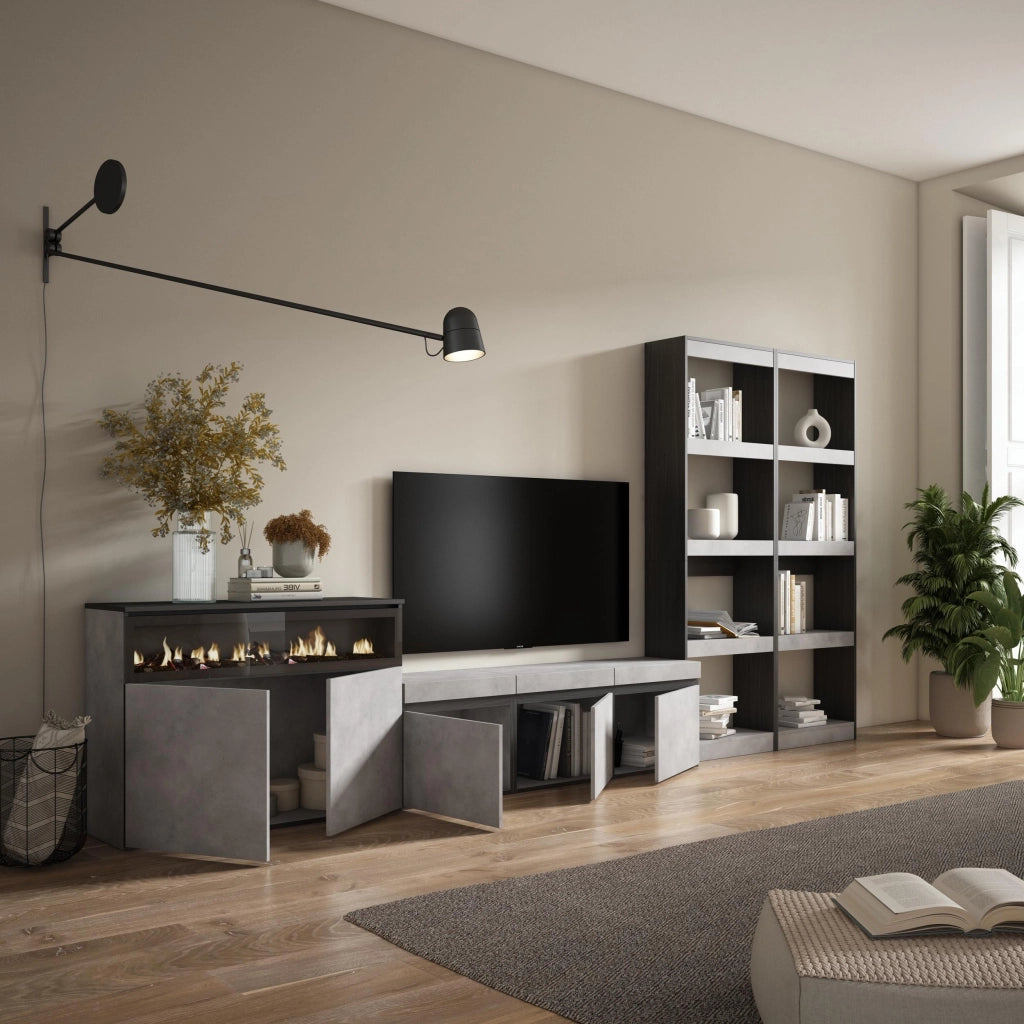 Mobile TV, Soggiorno, 370x35x186cm, Per TV fino a 65", Camino elettrico, grigio cemento RF3172