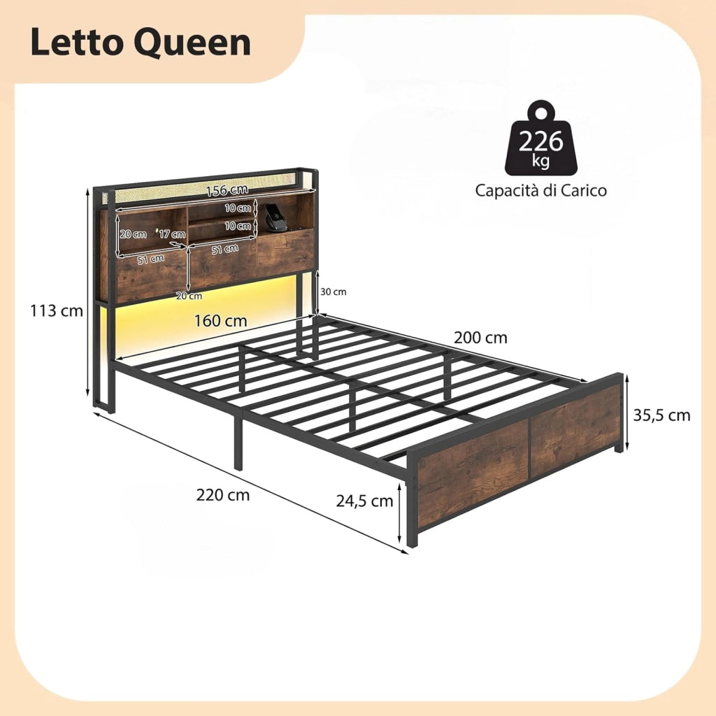 Struttura Letto con Testiera Contenitore, Letto a Piattaforma in Metallo con Stazione di Ricarica 3 Ripiani, Silenzioso, Carico Massimo 300kg (160 x 200 cm Stile 2)