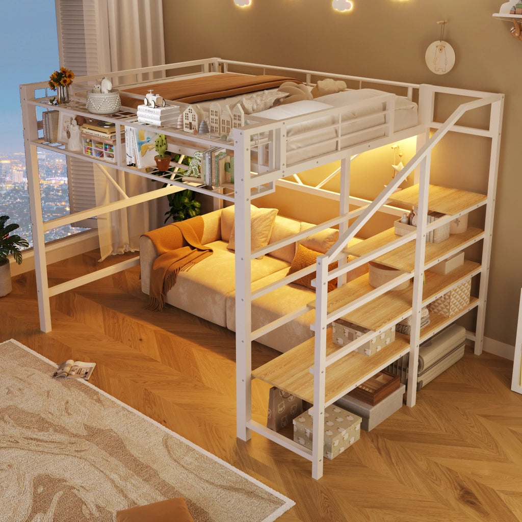 DESMIU Lit mezzanine 140 × 200 cm 2 posti con ripiani, LED, cestino portaoggetti, senza materasso, bianco