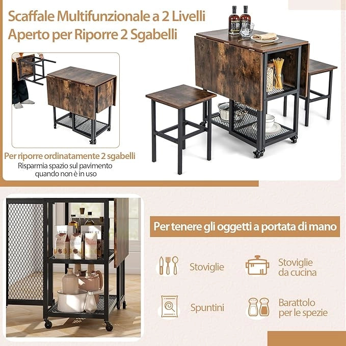 Set Tavolo da Pranzo Pieghevole 3 Pezzi, Tavolo da Pranzo Estendibile con 2 Sgabelli, con Ruote Bloccabili, 2 Ripiani di Archiviazione a Rete, Set da Pranzo per Soggiorno, Sala da pranzo