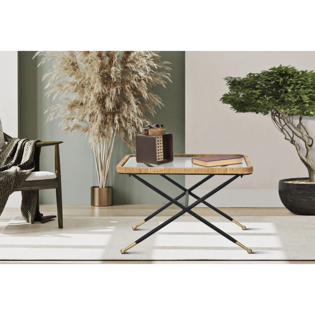 Tavolino da caffè Saint Barth rettangolare con vetro, ferro e rattan — 70x50x45 cm