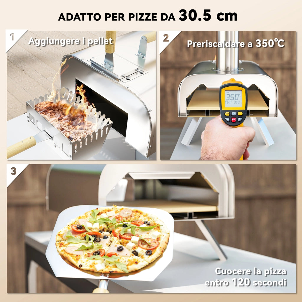 EasyComfort Forno per Pizza a Pellet di Legno con Pietra Refrattaria e Pala, in Acciaio Inox, 79x36x75 cm, Argento