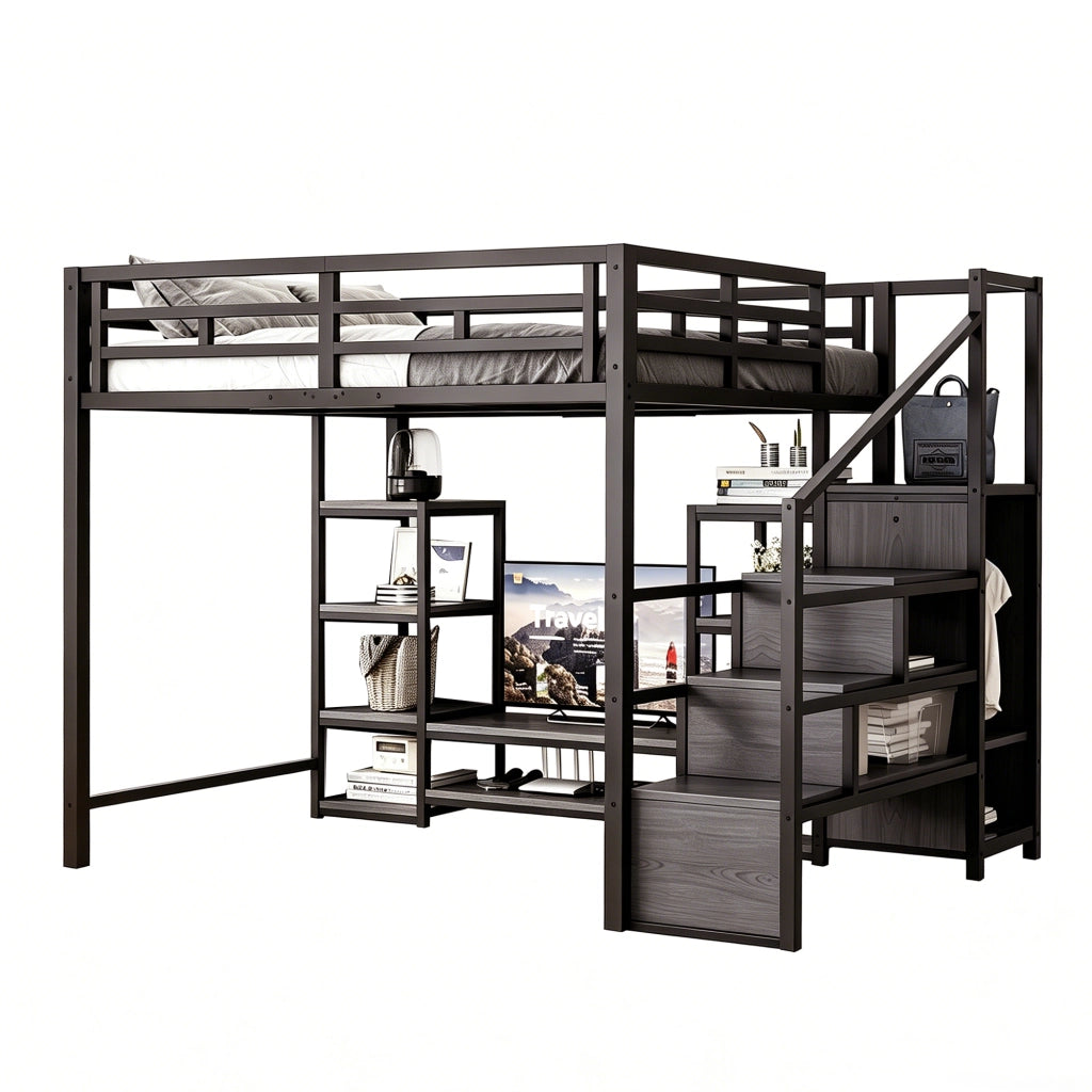 Letto a soppalco matrimoniale 140×200 cm con supporto TV; presa elettrica e scala; senza materasso; metallo; nero