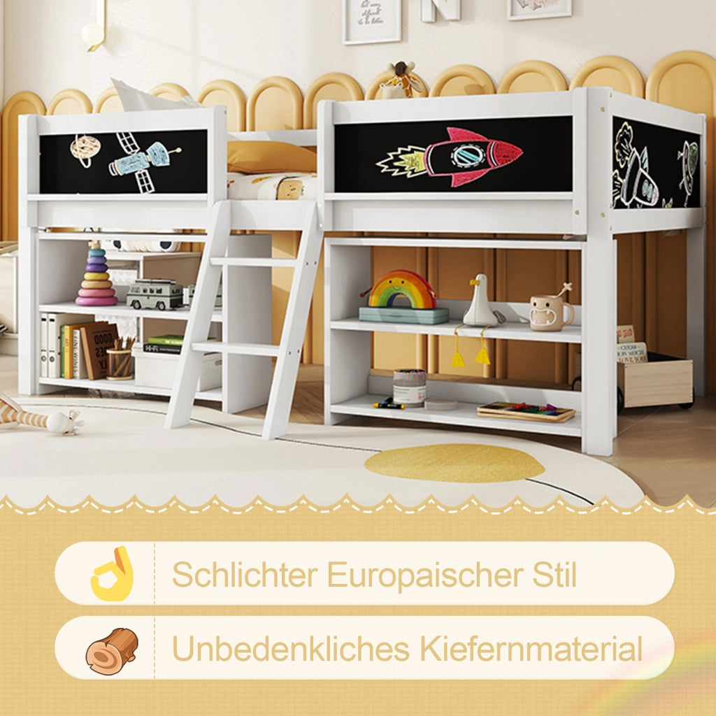 LETTO Semialto 90x200 cm Bianco con scala e vani contenitori