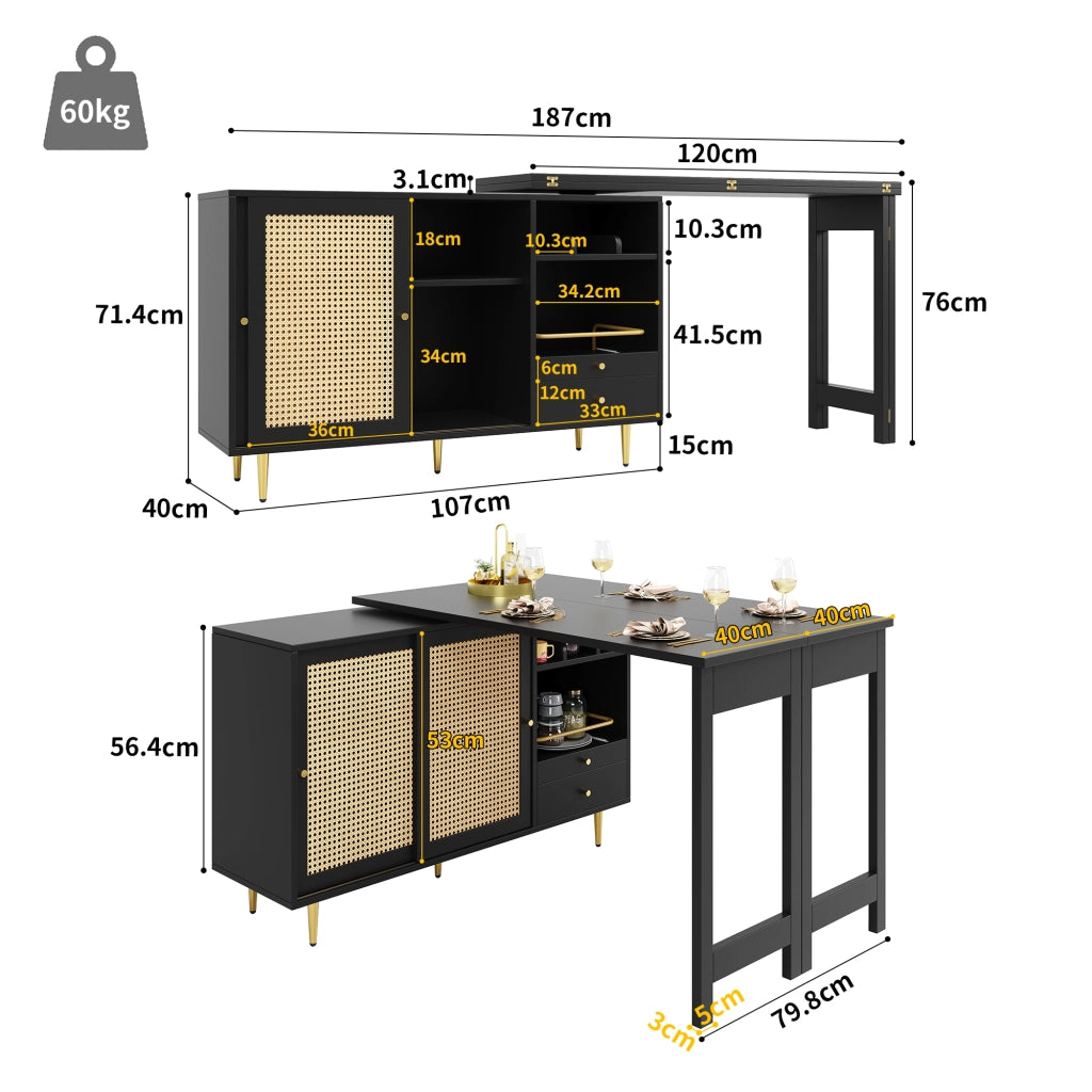 Mobile Bar con 1 Anta in Rattan; 1 Cassetto; Piano Girevole a 360° Estensibile; in MDF; 107 x 40 x 71.4 cm; Nero