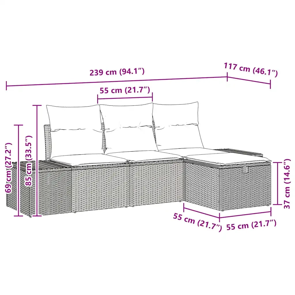 Set Divano da Giardino con cuscino 4 pz-Sofa da Giardino-Divanetto da esterno Beige Poly Rattan 259426