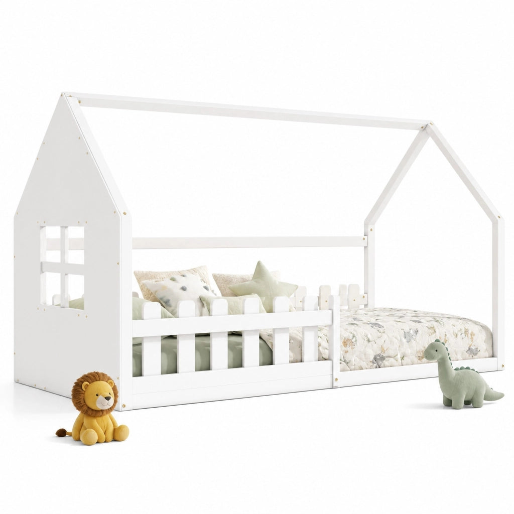 Letto per bambini 90x200 cm in pino e MDF, forma casetta, bianco