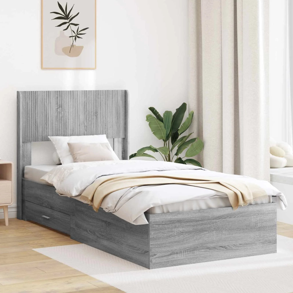 Letto singolo | Letto per adulti | Struttura del letto con stoccaggio e testata Sonoma grigio