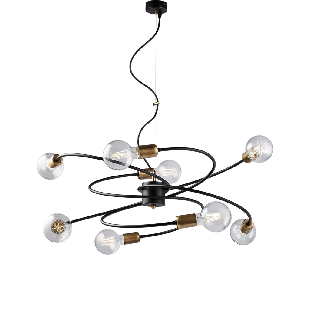 Sospensione Industrial 8 Luci Vortex Ferro Nero E Ottone Brunito