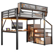 Letto a soppalco matrimoniale con striscia LED; scrivania da 200 cm; scala di sicurezza e scaffale flessibile 140 × 200 cm; senza materasso