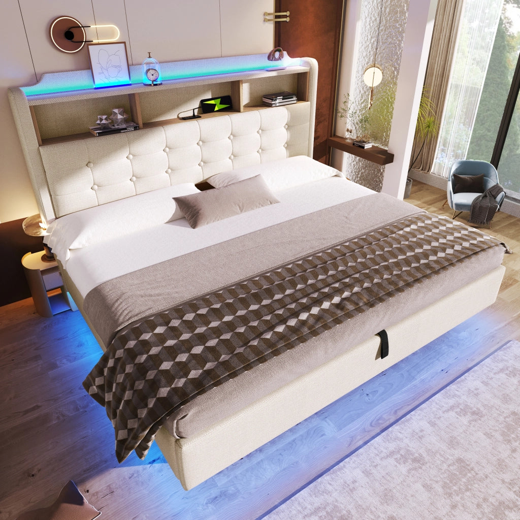 DESMIU Letto contenitore 180 × 200 cm 2 posti con LED, USB, Type-C, senza materasso, beige