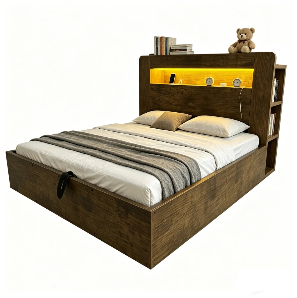 Letto contenitore 140x200 in legno con testiera LED e prese integrate