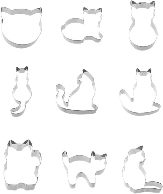Set per foriatura a forma di gatto - 9 pezzi in acciaio inossidabile - Fai da te accessori per animali biscottieri - Forma di gatto divertente per biscotti - Adatto per feste tematiche