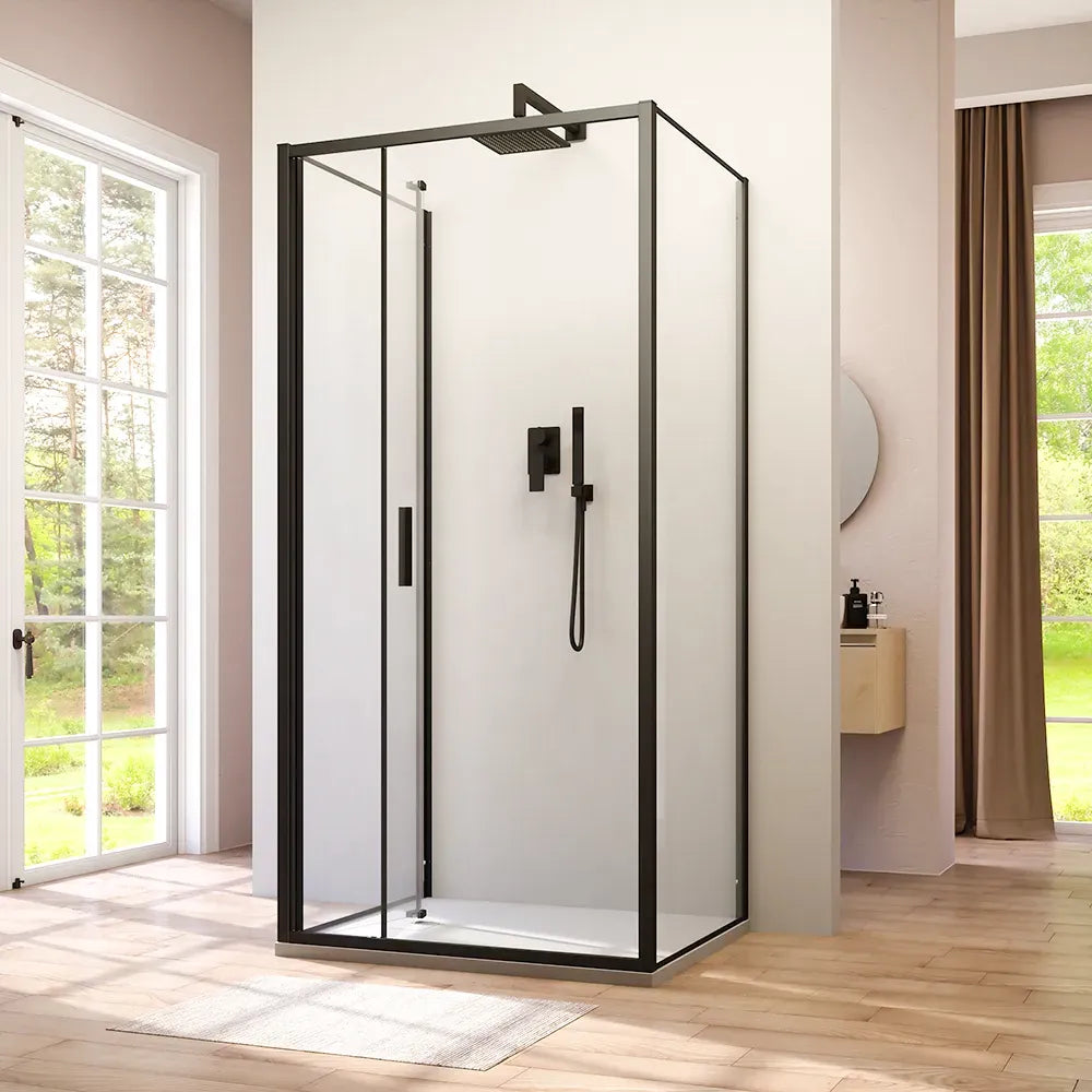 Box doccia tre lati 80x80x80cm con porta a libro profili nero opaco e vetro 6mm trasparente h190 | Portofino