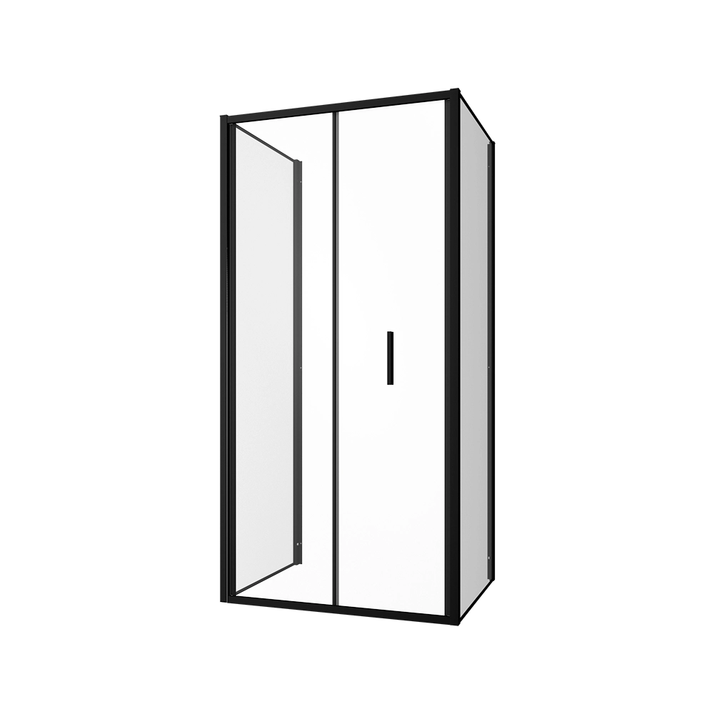 Box doccia tre lati 80x80x80cm con porta a libro profili nero opaco e vetro 6mm trasparente h190 | Portofino