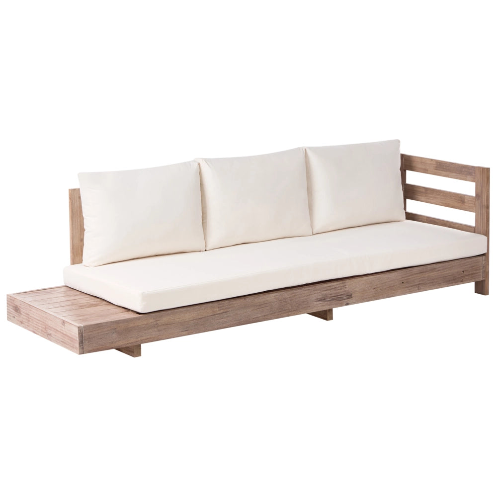 Set divano angolare da esterno in legno di acacia chiaro certificato, con cuscini bianchi set da salotto a 5 posti con disposizione a sinistra e tavolino