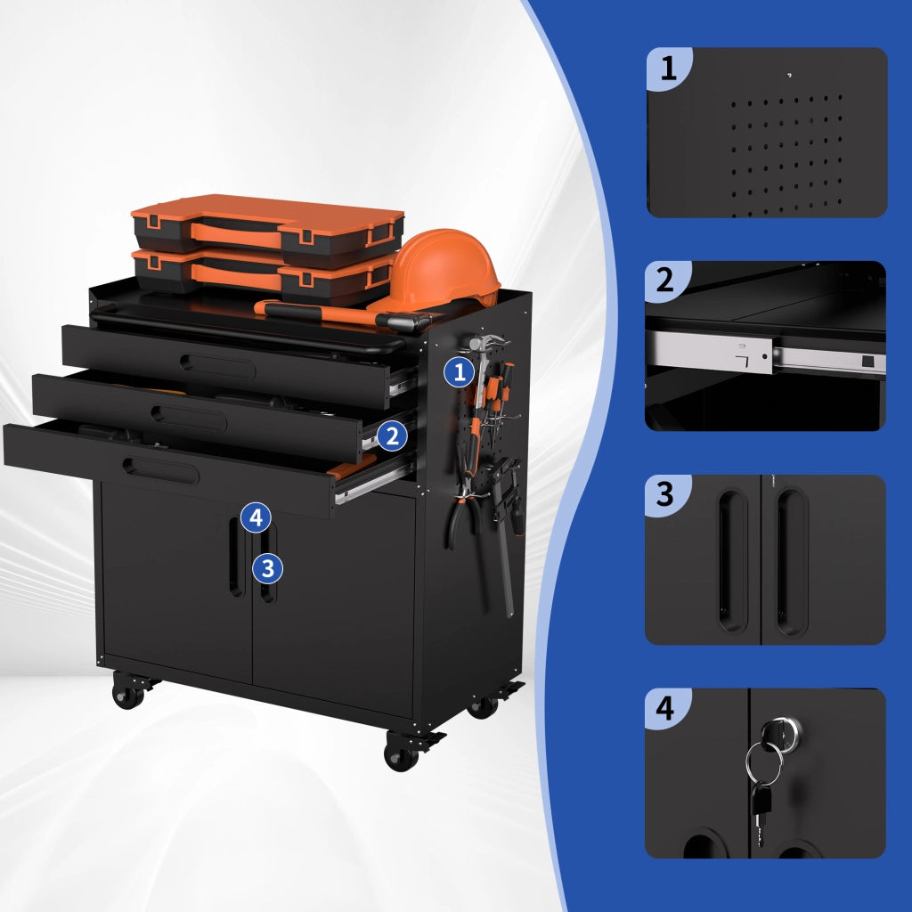 Mobiletto portautensili in metallo, dimensioni H 87,3 ¡Á L 75 ¡Á P 42 cm ¨C robusto armadio da garage con ante chiudibili a chiave e 3 cassetti, organize