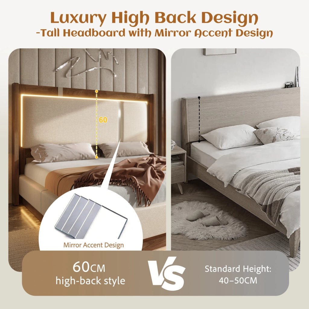 DESMIU Letto Contenitore 140 × 200 cm 2 Posti con LED, Contenitore Idraulico e senza Materasso, in Lino, Beige