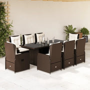 Set da Pranzo da Giardino 9pz con Cuscini Marrone in Polyrattan
