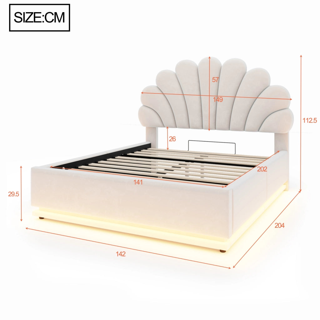 DESMIU Letto contenitore 140 × 200 cm 2 posti con vano idraulico e LED, senza materasso, in velluto, beige