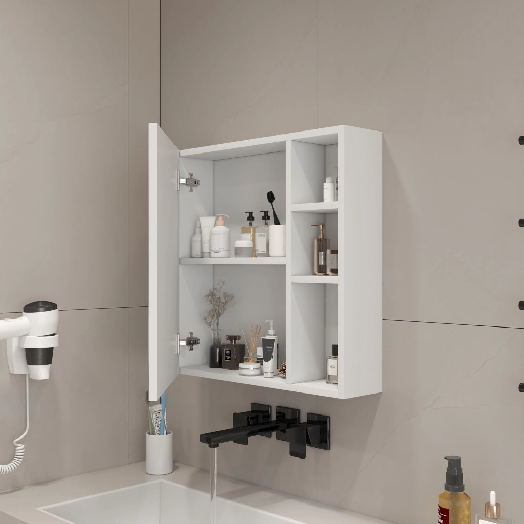 [Mobiletto a specchio da parete semplice] 55 ¡Á 56 cm, montaggio a parete, pannello in HDF bianco + anta in vetro a specchio di sicurezza, vano conteni