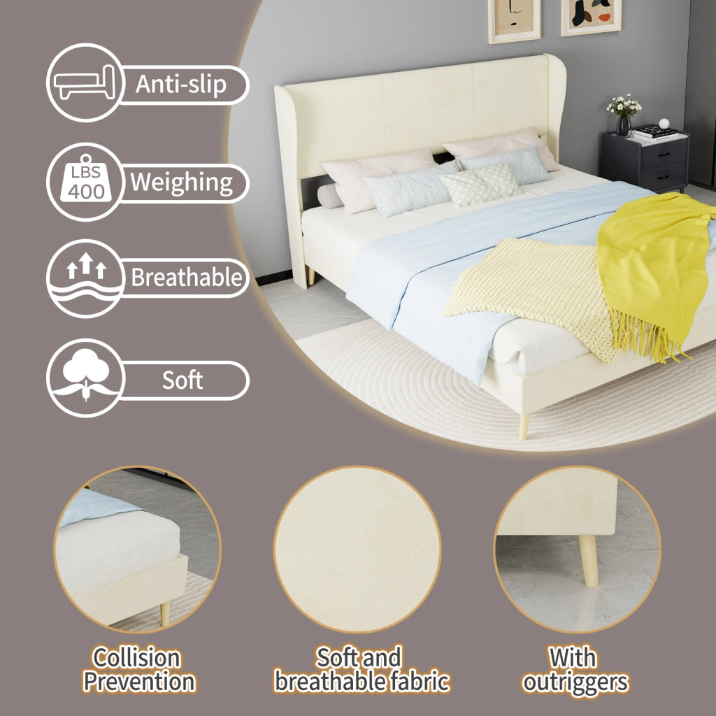 DESMIU Letto matrimoniale 160 × 200 cm 2 posti con testiera, senza materasso, in tessuto e metallo, beige
