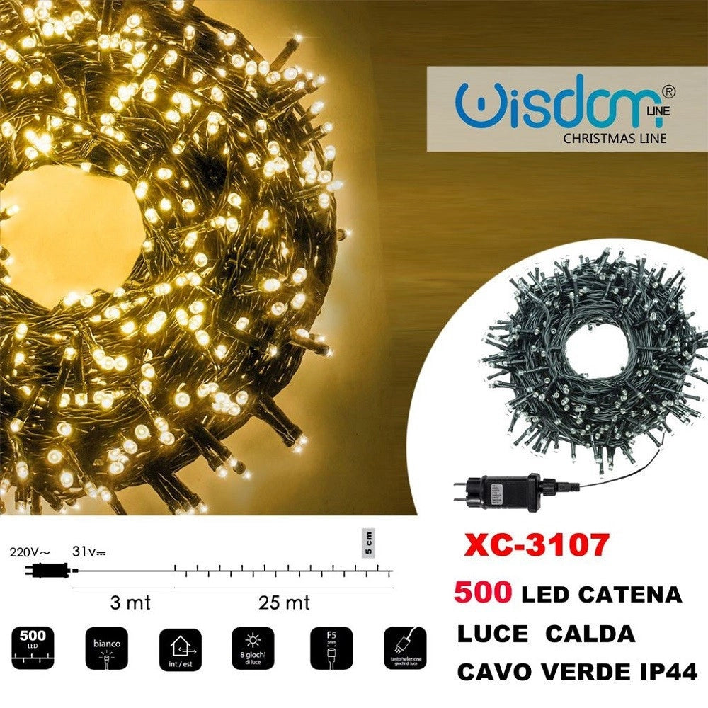 Trade Shop - Catena Luminosa 500 Luci Led Lucciole Luce Calda Cavo Verde Ip44 Xc-3107 -