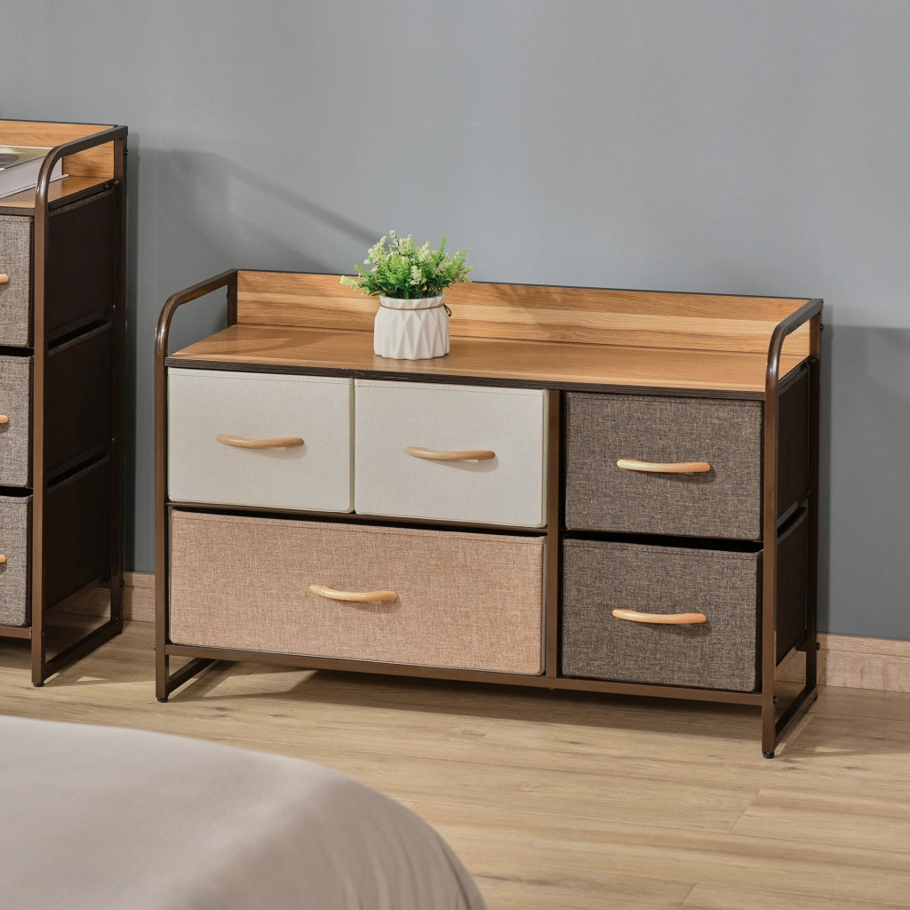 Cassettiera 5 Cassetti in Tessuto ¨C Minimal ¨C Marrone e Beige 87,5x29x58