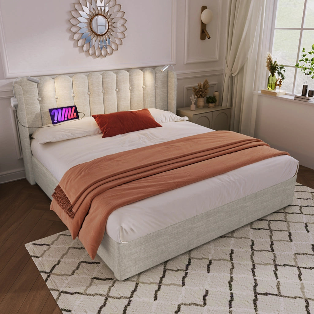 letto imbottito lino beige 140 x 200 cm