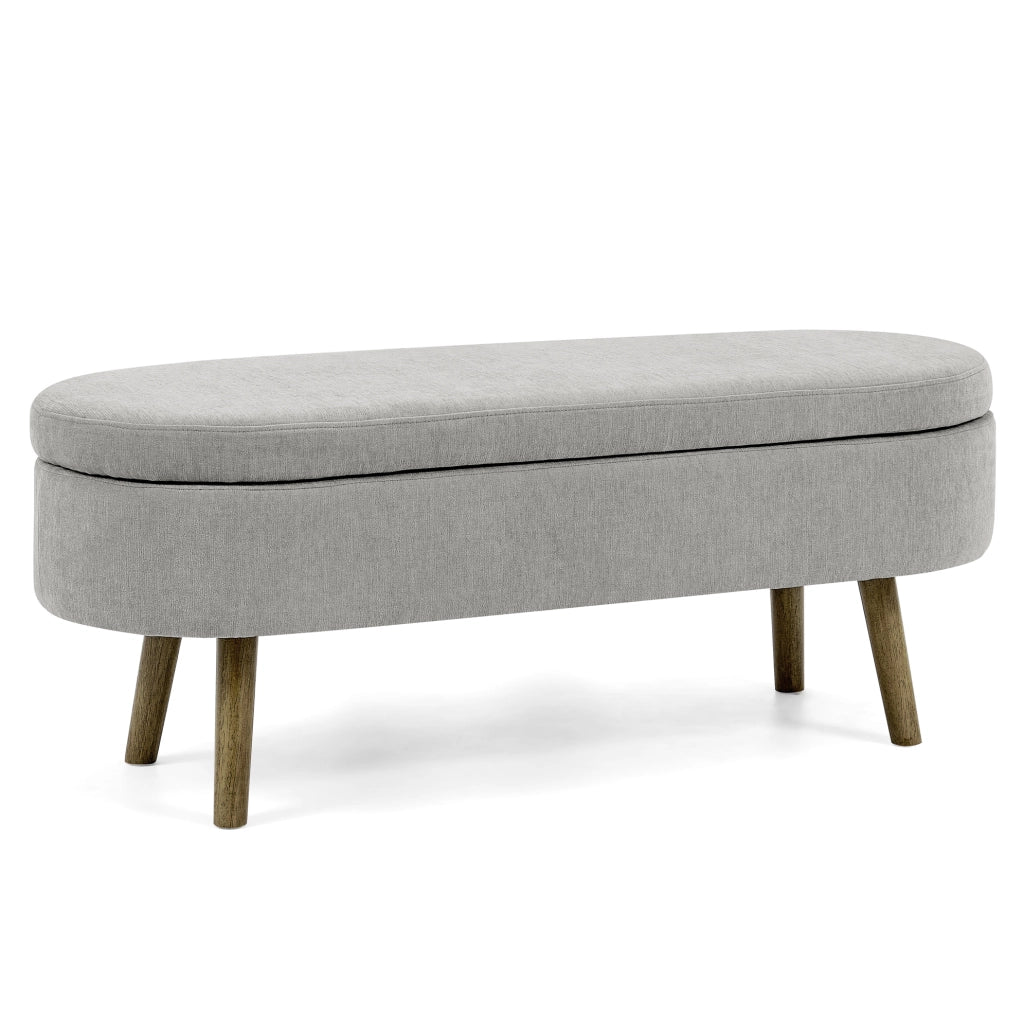 Panca contenitore ovale 110x40x42 cm in tessuto chenille grigio con struttura in legno massello